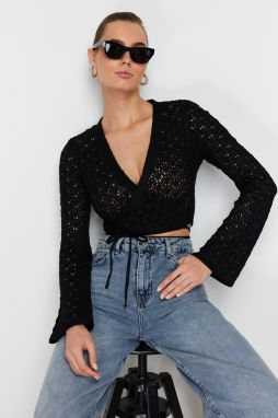 Trendyol Black Crop Openwork/Perforated Boho Knitwear Sweater