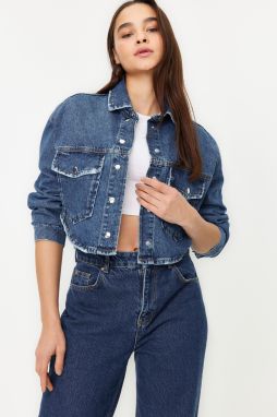 Trendyol Blue Ripped Detailed Oversize Crop Denim Shirt Jacket