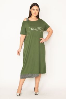Şans Women's Plus Size Khaki Shimmer Detailed Front Printed Dress