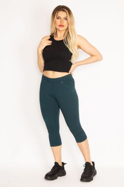 Şans Women's Plus Size Green Leggings With Front Trim And Back Pocket