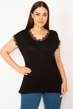 Şans Women's Plus Size Black Lace Detailed Blouse