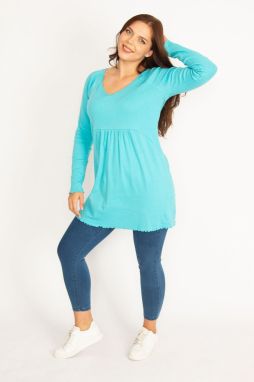 Şans Women's Large Size Turquoise V-Neck Waist Detailed Tunic