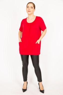 Şans Women's Red Plus Size Collar Drawstring Pocket Tunic