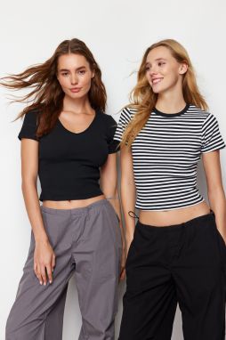 Trendyol 2-Pack Solid Black V-Neck and Striped Black Crew Neck Knitted Blouse