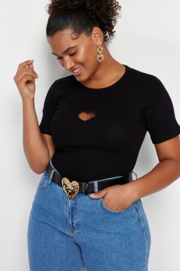 Trendyol Curve Black Heart Cut-Out Detailed Ribbed Knitted T-shirt