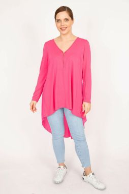 Şans Women's Pink Plus Size Front Pat Zipper And Back Detailed Tunic