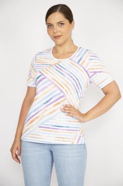 Şans Women's Colorful Plus Size Cotton Fabric Crew Neck Short Sleeve Blouse