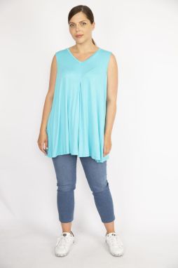 Şans Women's Turquoise Plus Size V Neck A Front Pleated Blouse