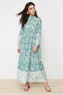 Trendyol Green Ethnic Patterned Prevailing Collar Linen Look Woven Shirt Dress