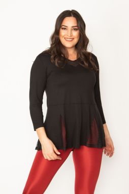 Şans Women's Plus Size Black Viscose Blouse With Lace Detailed Collar And Hem