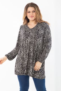 Şans Women's Plus Size Black Front A Pleated V Neck Long Sleeve Tunic