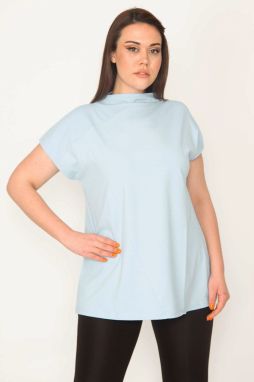 Şans Women's Plus Size Blue Organic Cotton Crew Neck Cup Blouse