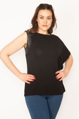 Şans Women's Plus Size Black Low-Sleeve Blouse with Faux Leather Detailed with Single Sleeves