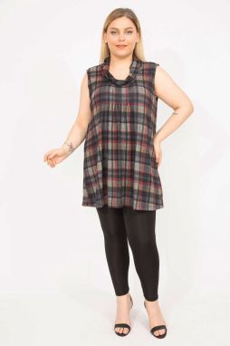 Şans Women's Colorful Plus Size Checkered Lycra Tunic with Ribs on the Chest