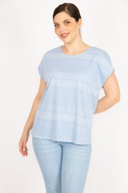 Şans Women's Baby Blue Plus Size Cotton Fabric Low Sleeve Patterned Blouse