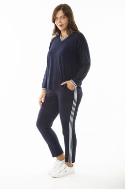 Şans Women's Plus Size Navy Blue Ribbed Long-Sleeved Blouse, Pants and Tracksuit Suit