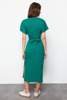 Trendyol Emerald Green 100% Cotton Waist-Fitting Midi Knitted Midi Dress with Slit and Tie Detail