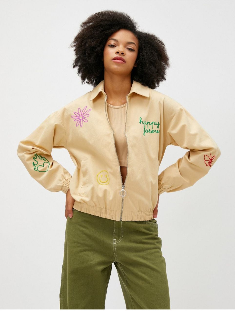 Koton Bomber bunda na zips slogan vyšívaný detail vrecka bavlna