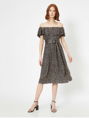 Koton Dámska metalíza Leopard potlač večerné šaty Nízke ramená Kravata v páse detailná midi dĺžka.