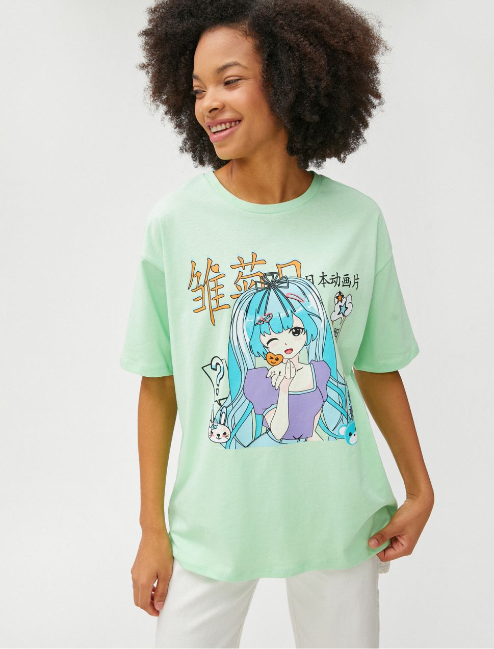 Koton Anime Tričko Oversize S Okrúhlym Výstrihom Krátky Rukáv Bavlna