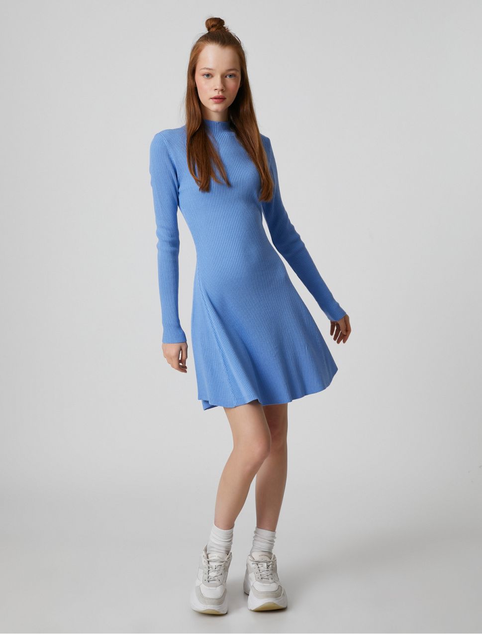 Koton Knitwear Dress with Long Sleeves, Standing Collar, Ribbed