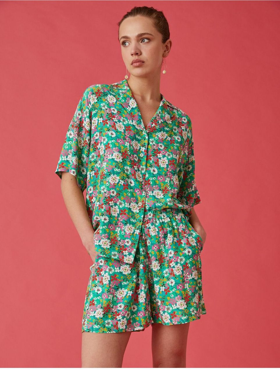 Koton Floral Mini Shorts with Pocket. Elastic Waist.