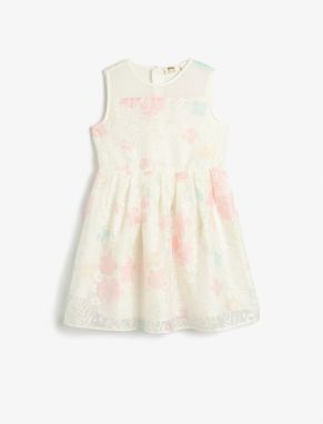 Koton Dress Tulle Floral Midi Length Sleeveless Round Neck Lined