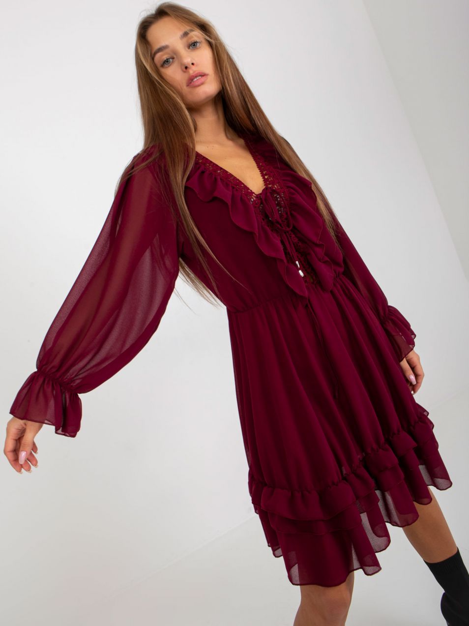 Burgundy minidress with ruffle in OCH BELLA style