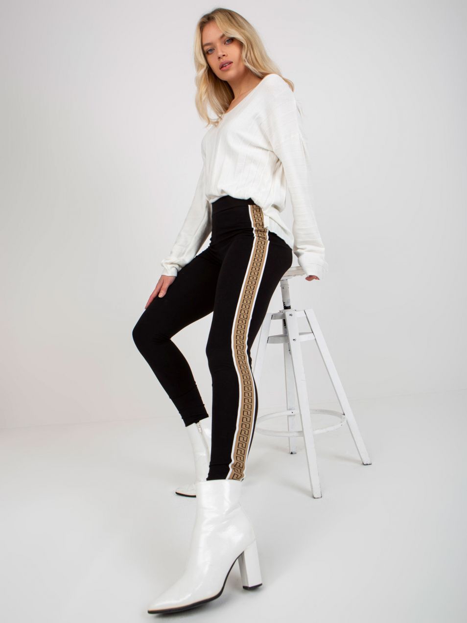 Black-beige smooth leggings with stripes
