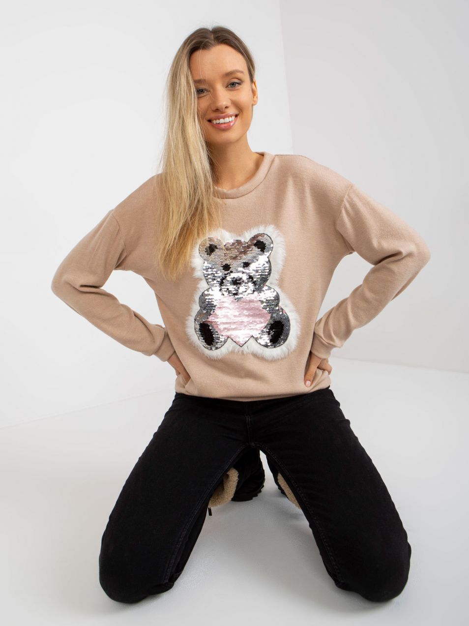 Women's beige classic sweater with sequined application