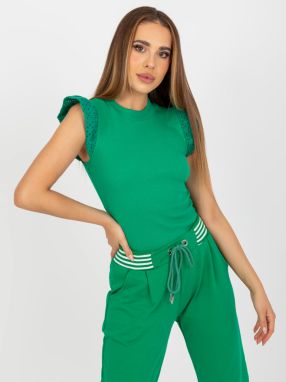 Green ribbed blouse with short sleeves RUE PARIS