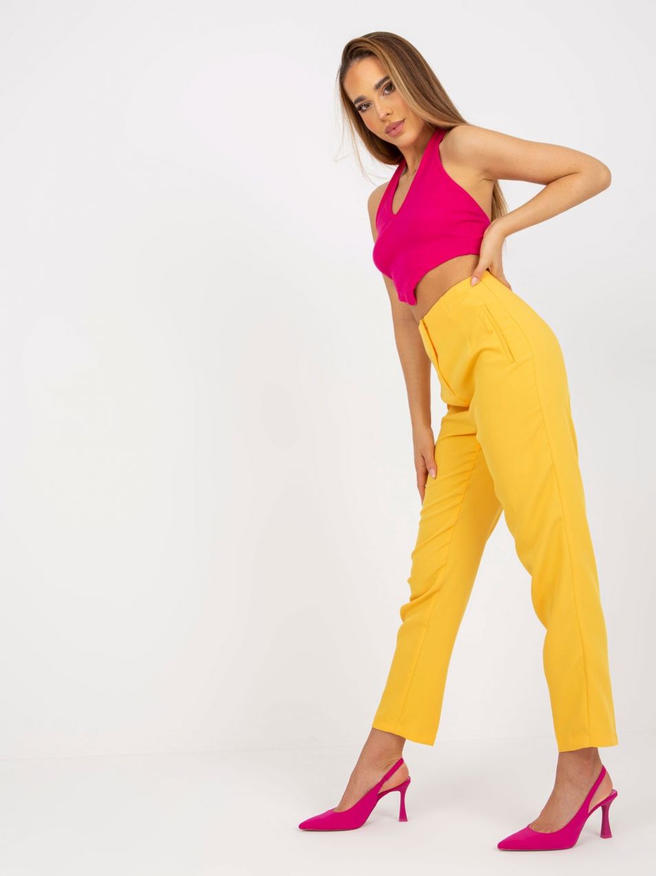 Dark yellow fabric trousers with straight legs