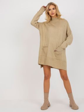 Beige long oversize sweater with pockets and turtleneck