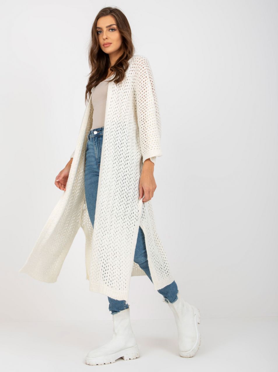 Ecru long openwork cardigan with wide sleeves OCH BELLA