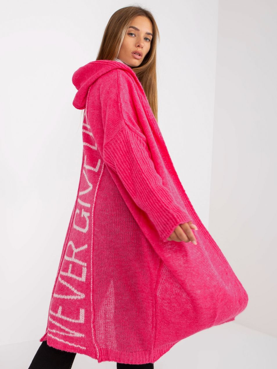 Fluo pink loose cardigan with OH BELLA inscription on the back