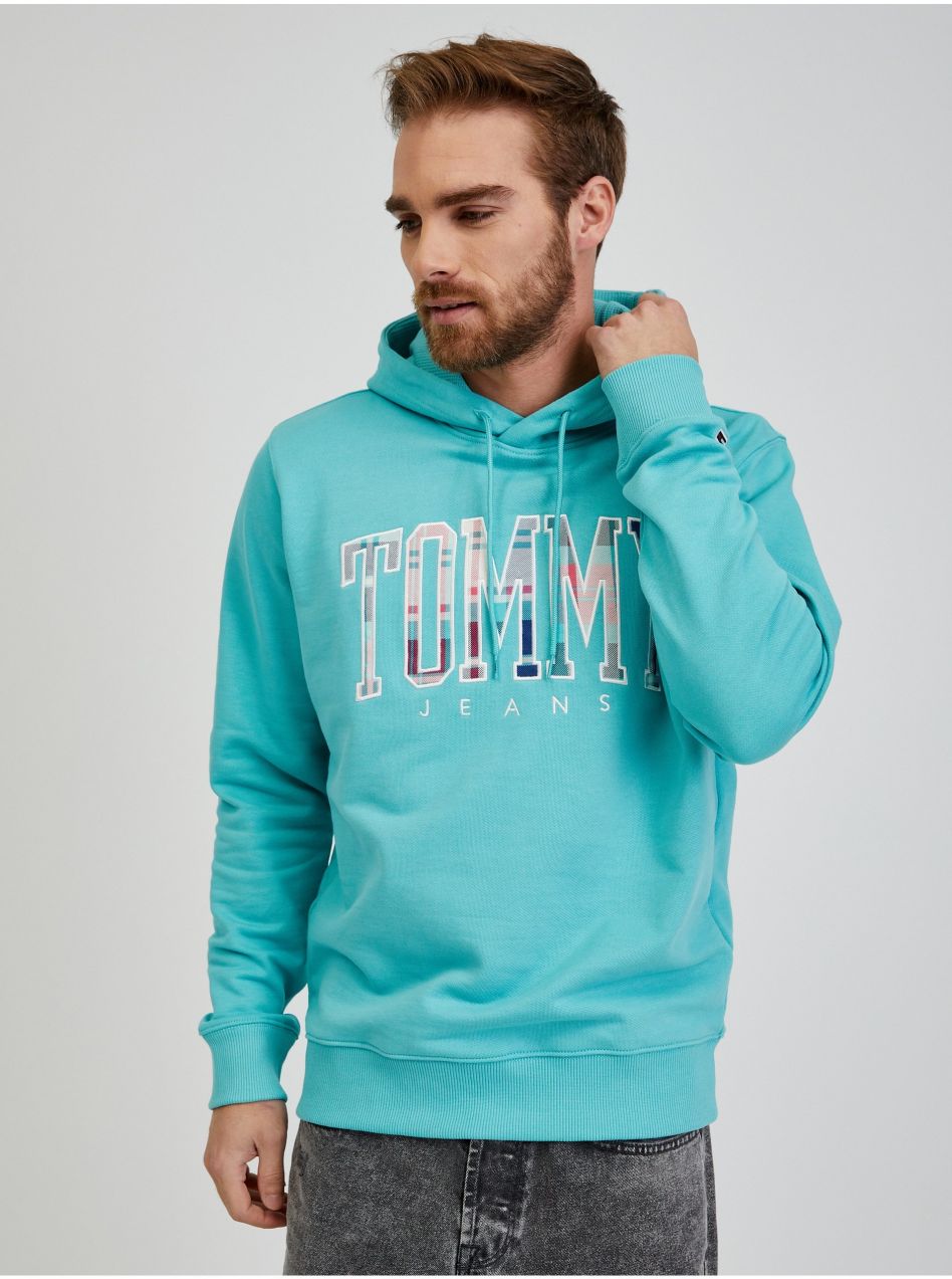 Mikiny s kapucou pre mužov Tommy Jeans - tyrkysová