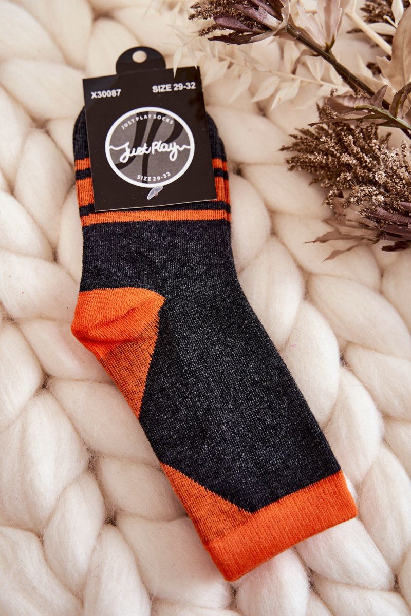Two-color socks for teenagers with stripes Graphite - orange