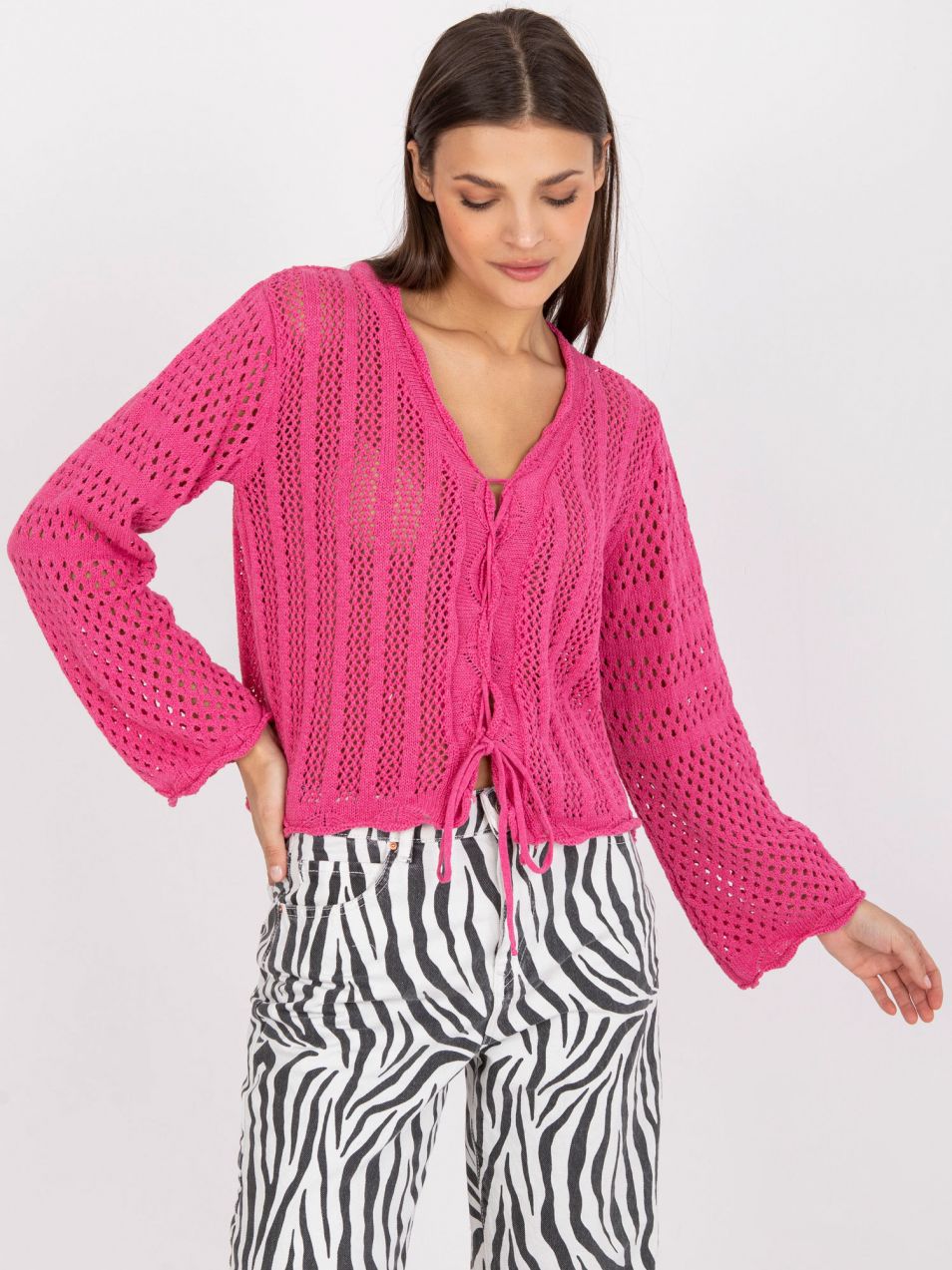 Pink short openwork sweater with binding RUE PARIS