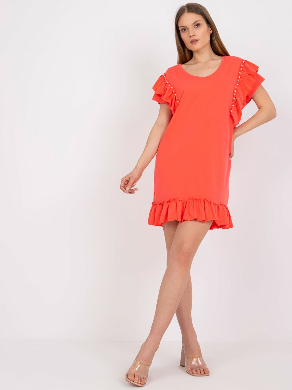Coral minidress with ruffles