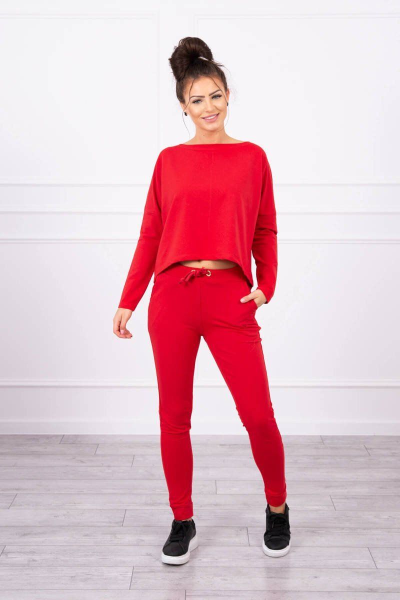 Complete with oversized red blouse