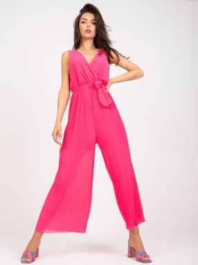 Pink long pleated jumpsuit with wide legs