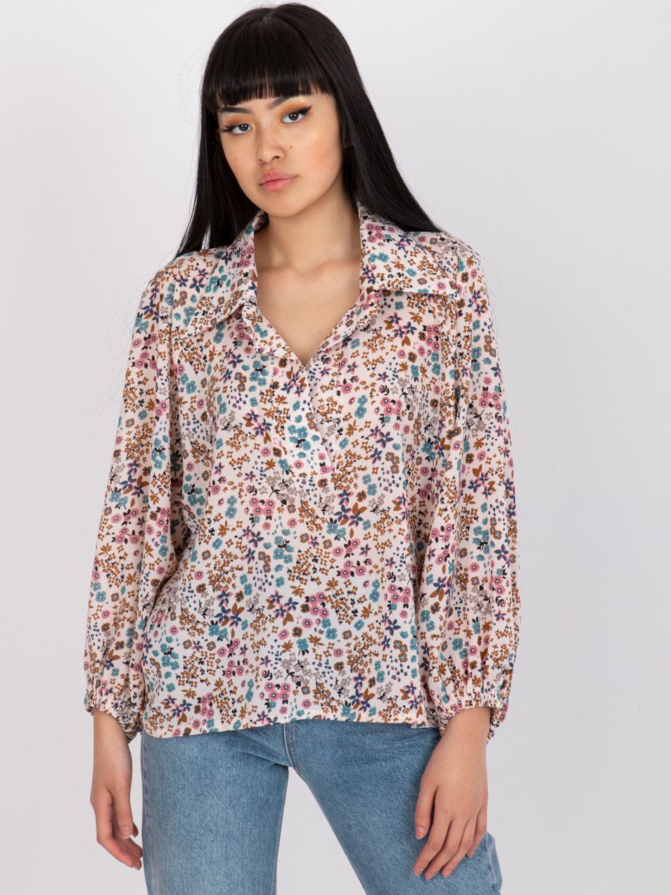 Airy beige blouse with floral print ZULUNA