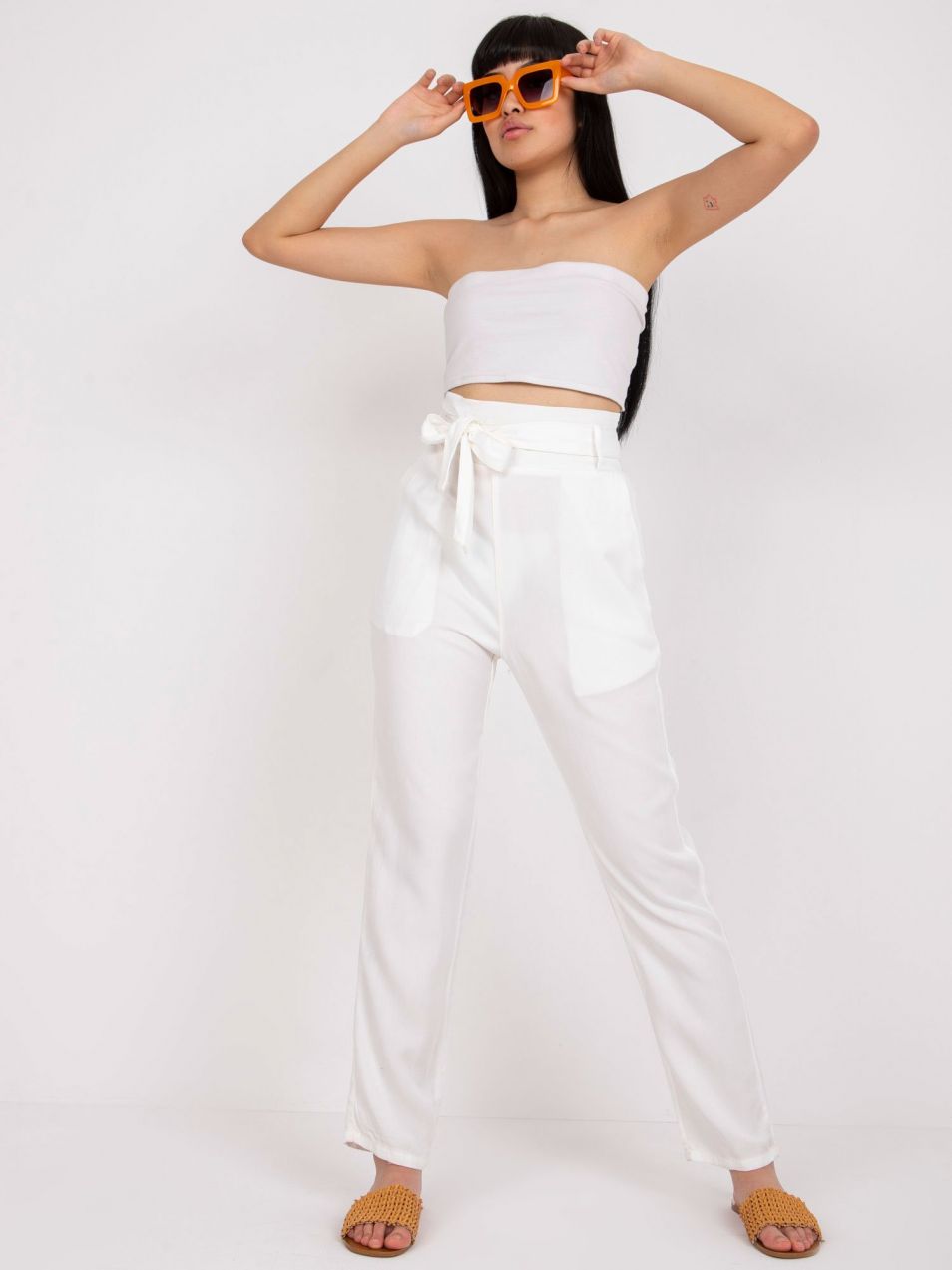 Ecru ladies fabric trousers with belt