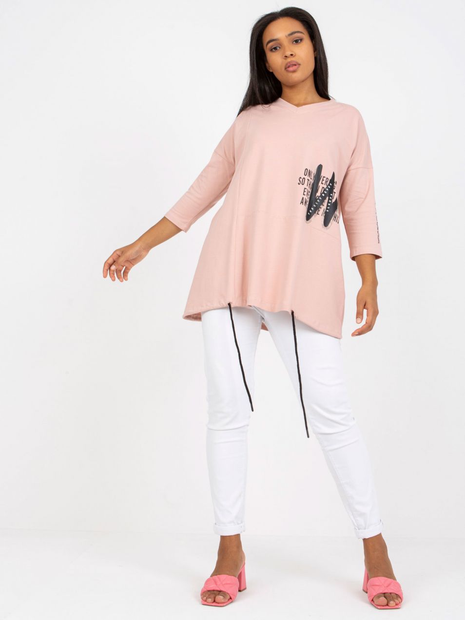 Dusty pink cotton blouse of larger size with drawstrings