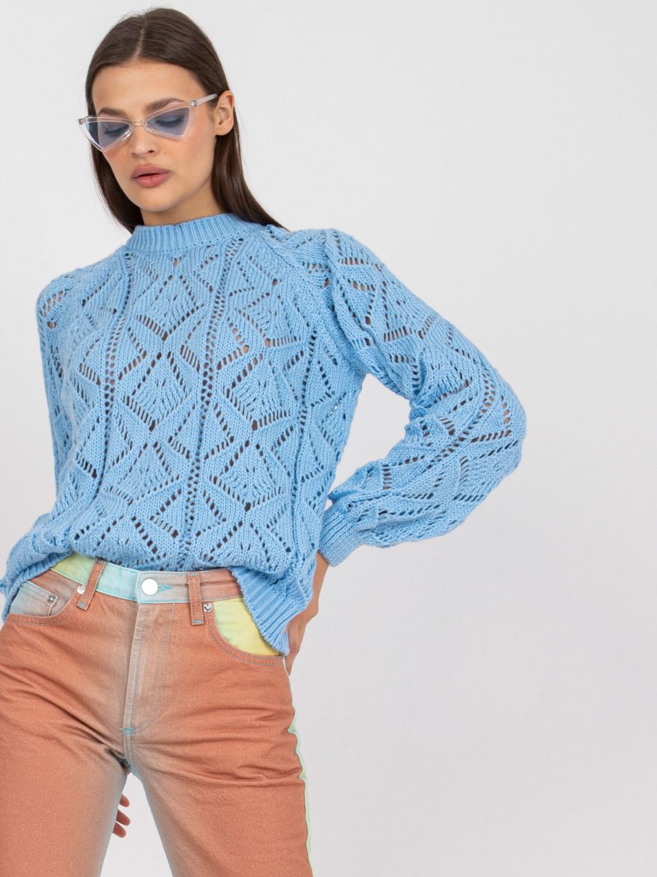 Blue openwork classic sweater with long sleeves RUE PARIS