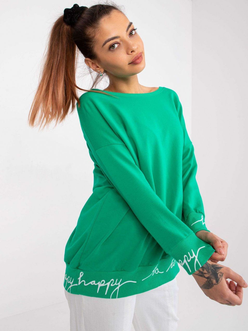 Green jersey blouse with Charliza lettering