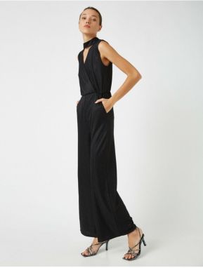 Koton Women's Black Wide Leg Jumpsuit with Window Detail