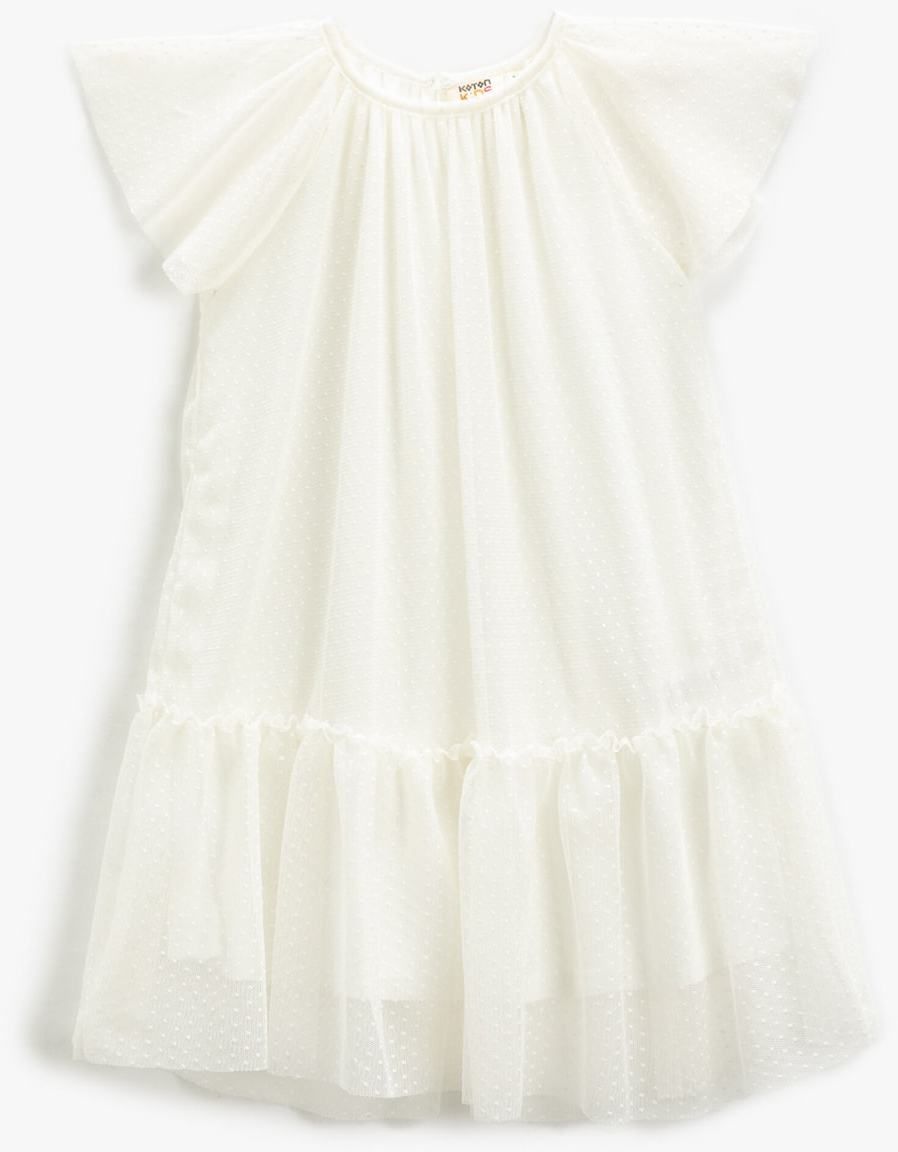 Koton Midi Dress Tulle Lined Butterfly Sleeve Ruffle Crew Neck