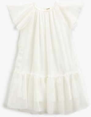 Koton Midi Dress Tulle Lined Butterfly Sleeve Ruffle Crew Neck