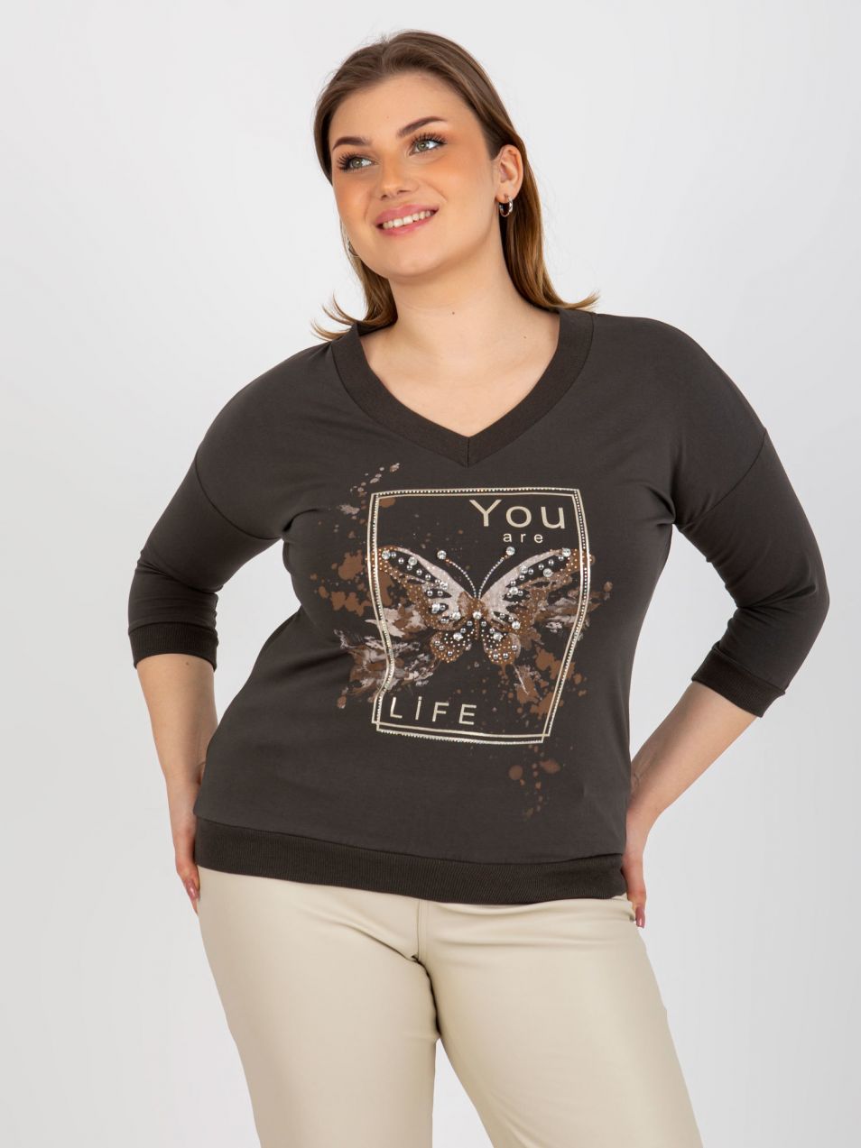 Blouse with khaki plus size with V-neck